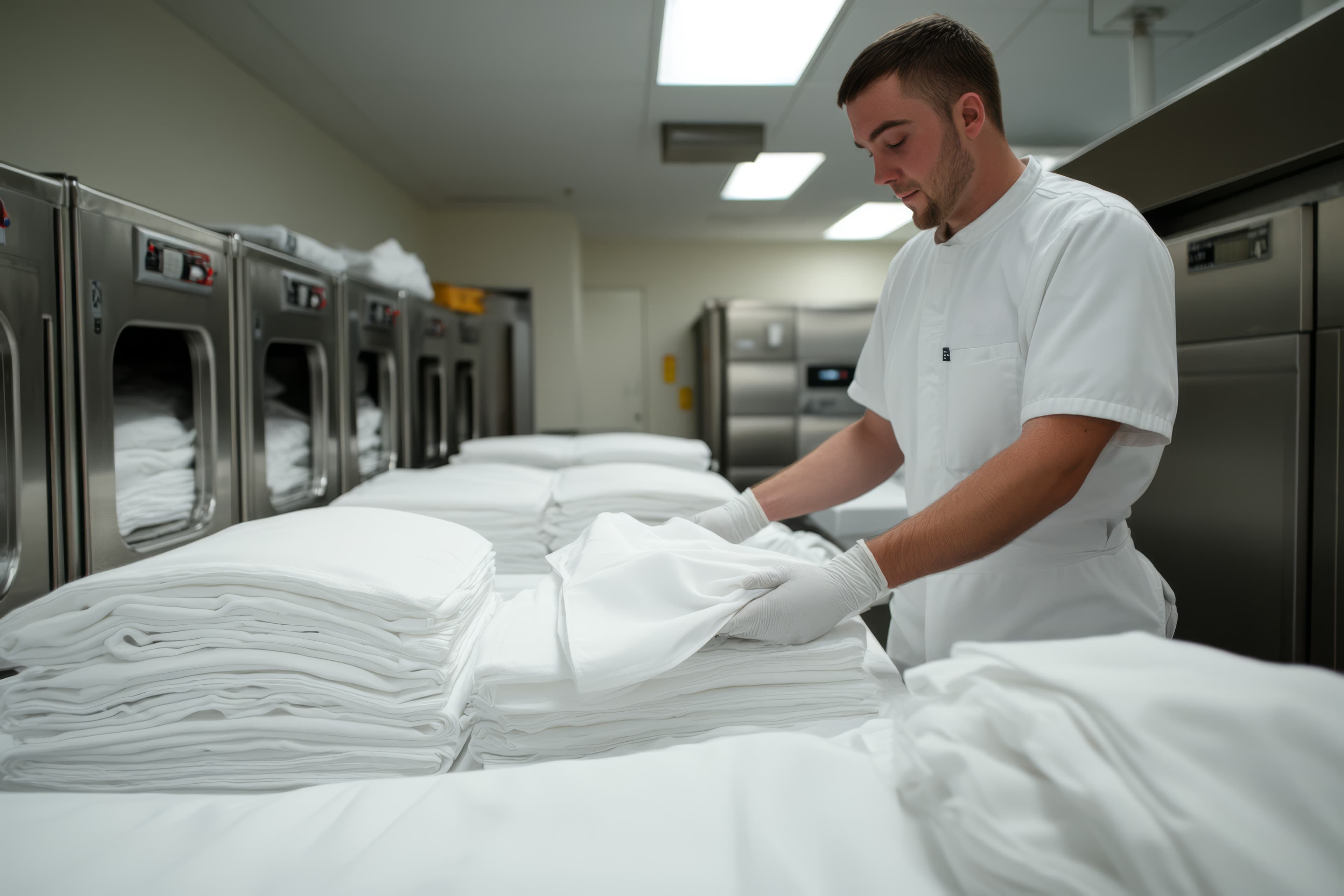 A man folding bedsheets in a laundry shop