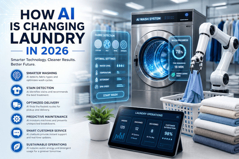 How AI Is Changing Laundry in 2026 The laundry industry is evolving rapidly, and artificial intelligence is playing a major role in transforming how modern laundry businesses operate. In 2026, AI is no longer limited to large technology companies — it is becoming part of everyday services, including commercial laundry, dry cleaning, and on-demand laundry delivery.